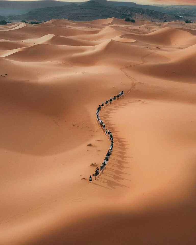 Camel trek in the Erg Chebbi dunes, Merzouga, Sahara Desert, Morocco