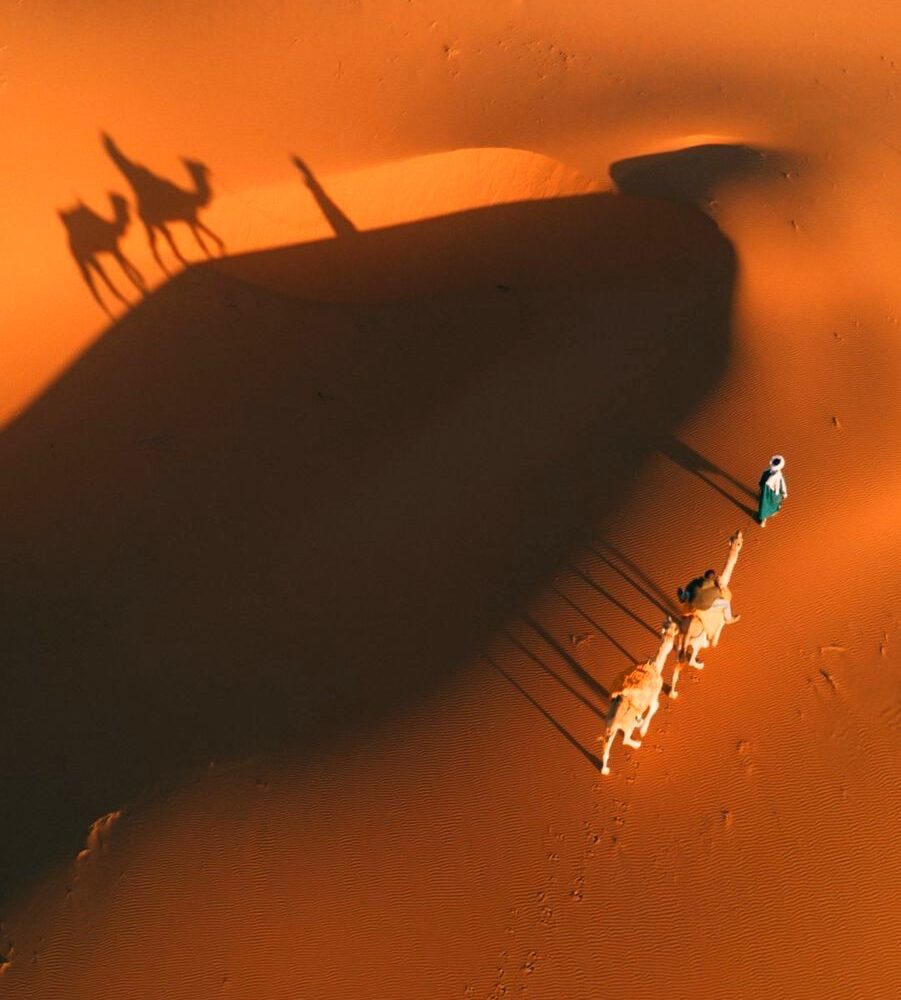 Camel trek in the Erg Chebbi dunes, Merzouga, Sahara Desert, Morocco