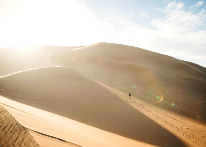 Walking on the Erg Chigaga dunes, Morocco