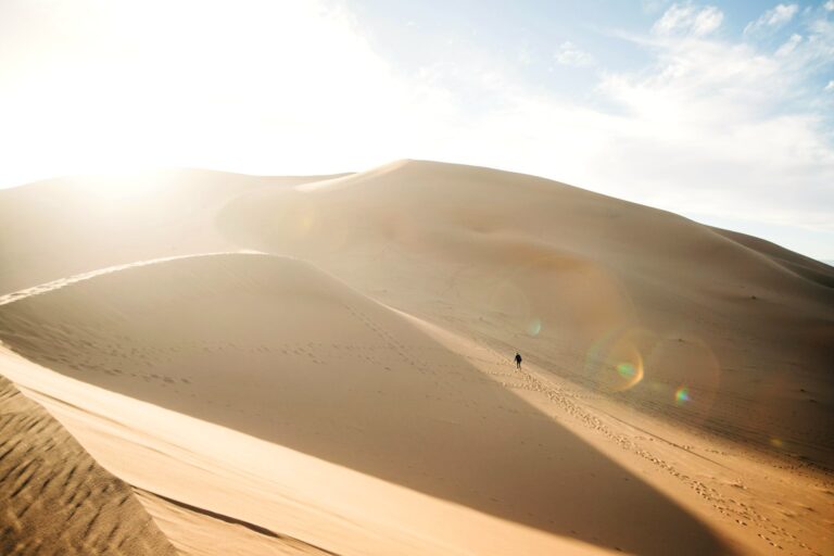 Walking on the Erg Chigaga dunes, Morocco