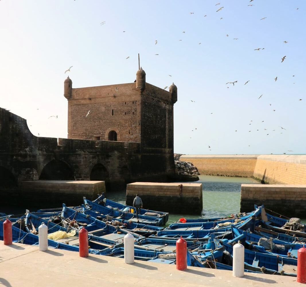 Essaouira port, blue fishing boats and Skala ramparts, Morocco
