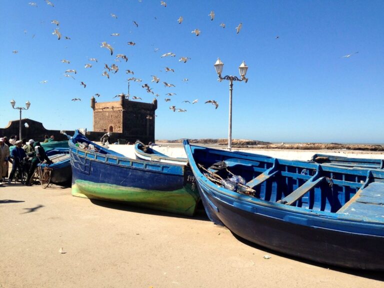 Essaouira port, blue fishing boats and Skala ramparts, Morocco