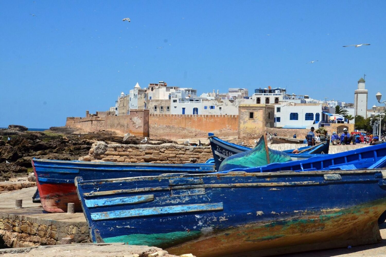 Essaouira port, blue fishing boats and Skala ramparts, Morocco