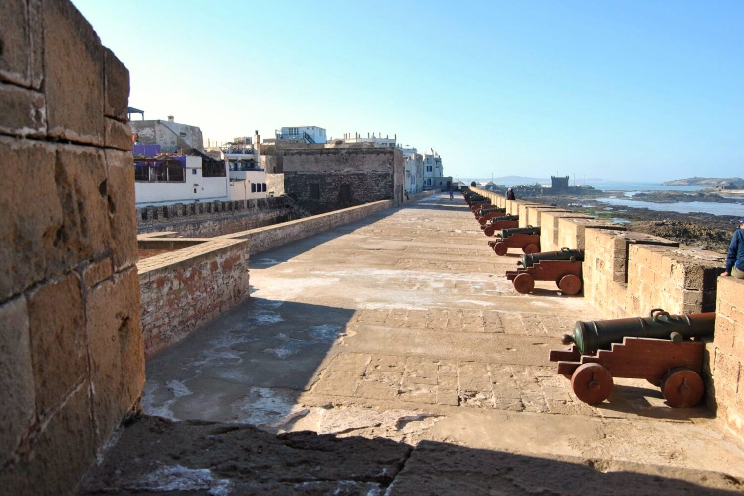 Essaouira port, blue fishing boats and Skala ramparts, Morocco
