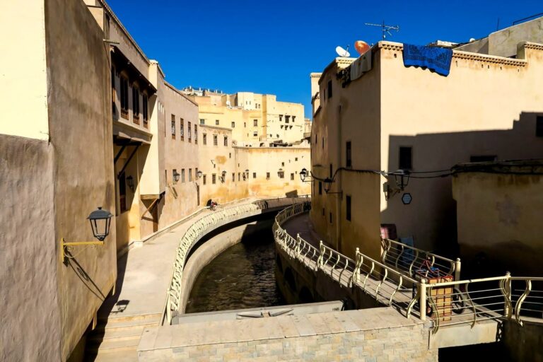 Old houses along the river in the Fes medina