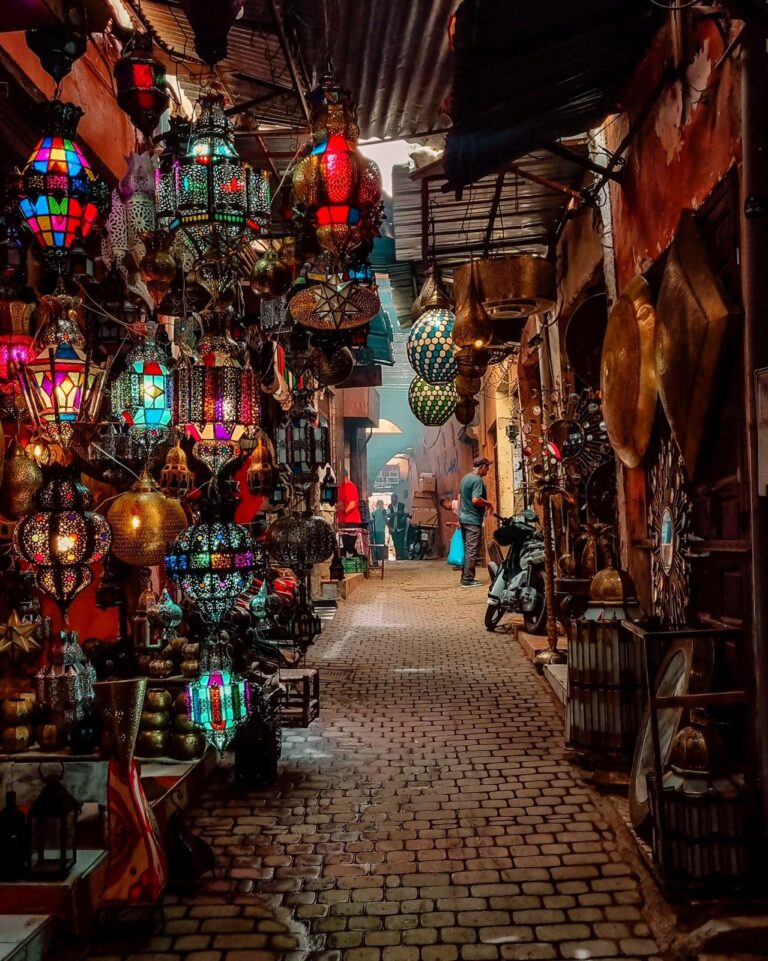 Moroccan lanterns in a souk of the Marrakech medina