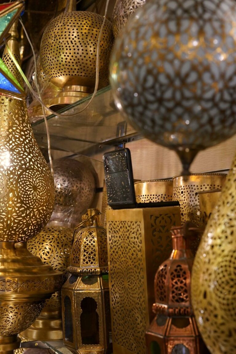 Moroccan lanterns in a souk of the Marrakech medina