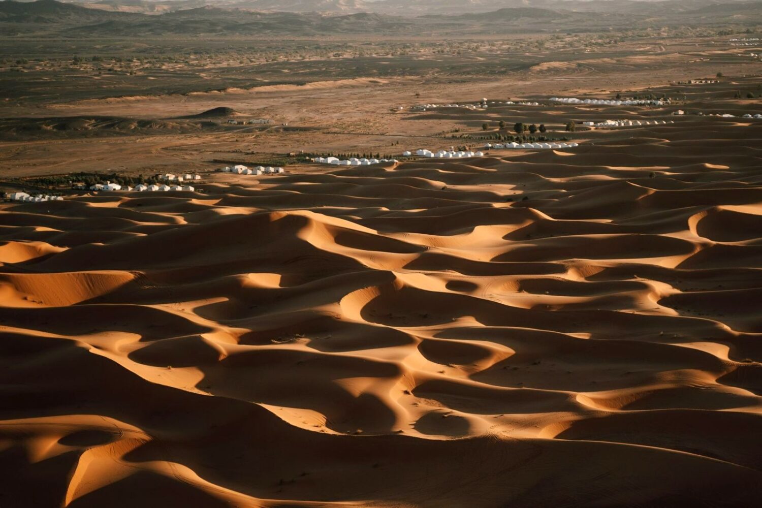 Erg Chebbi dunes and camels, Merzouga, Sahara Desert, Morocco