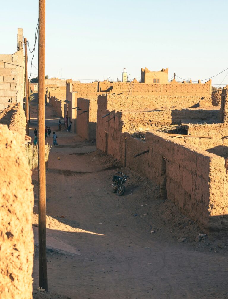 Earthen village street in M'hamid El Ghizlane, Morocco