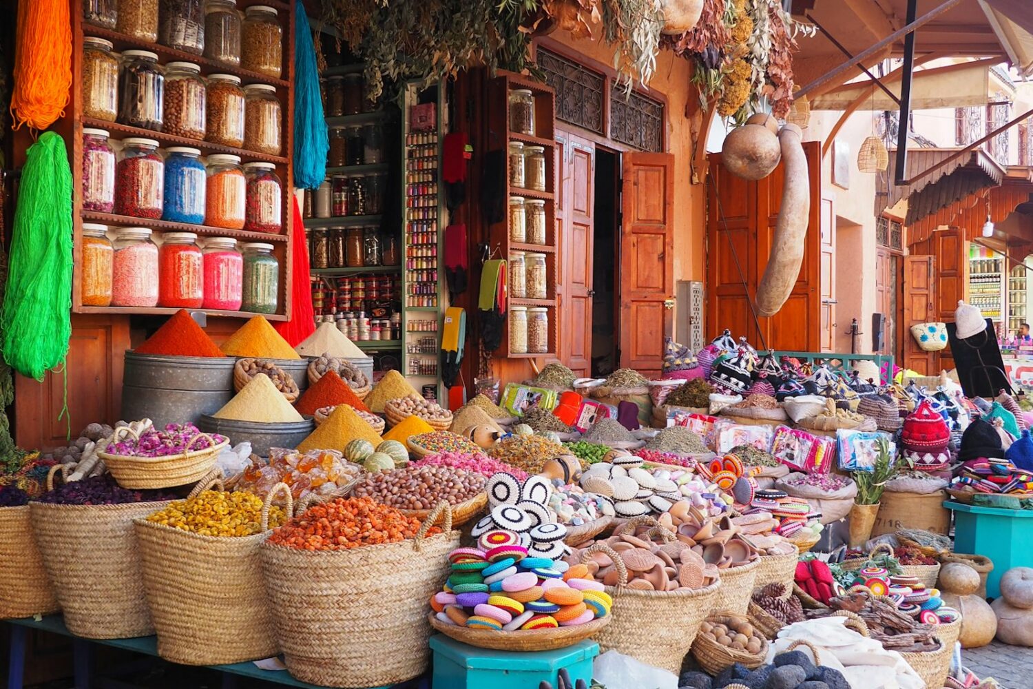 Baskets of spices in a Moroccan souk