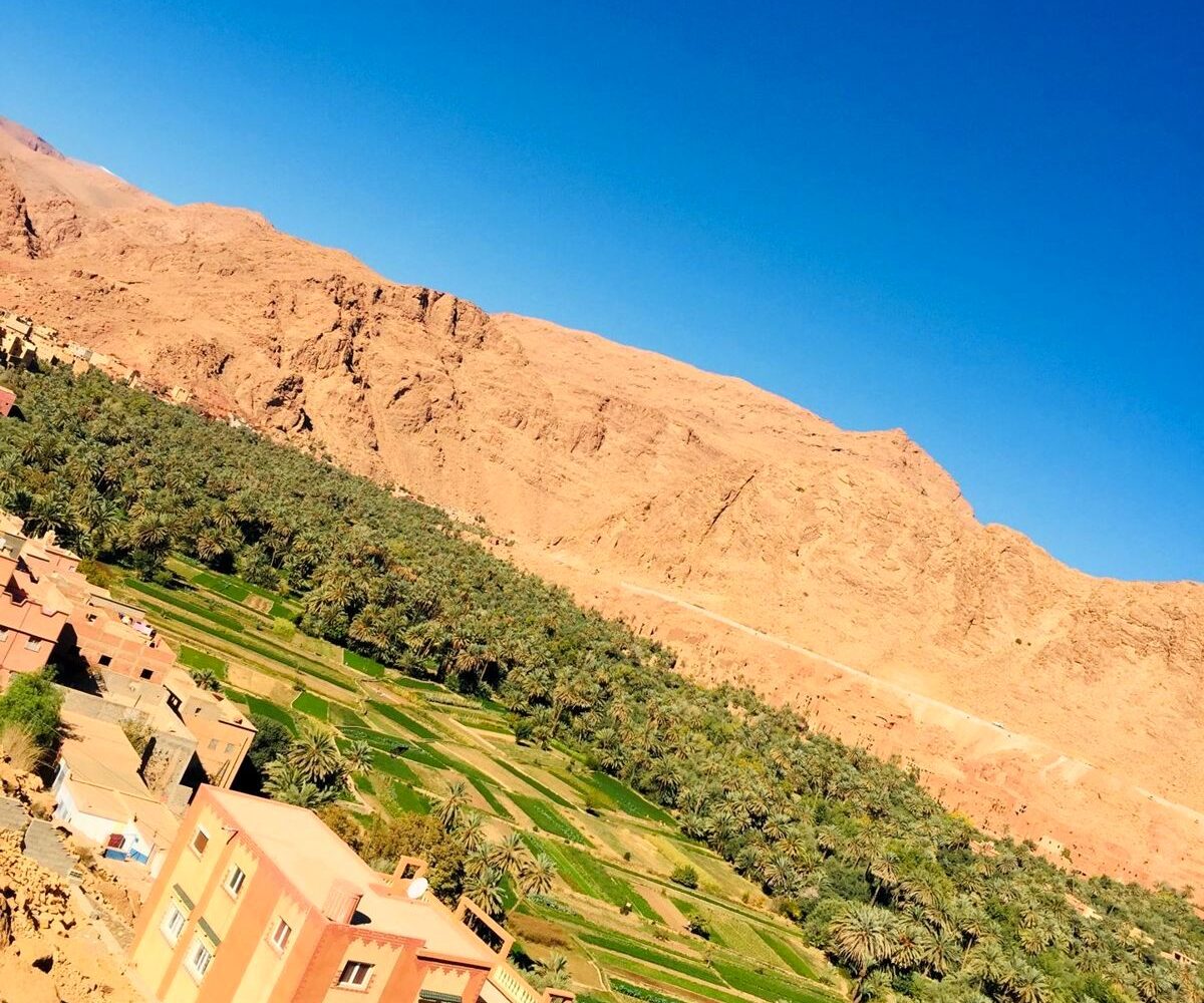 Date palm oasis and earthen village in southern Morocco