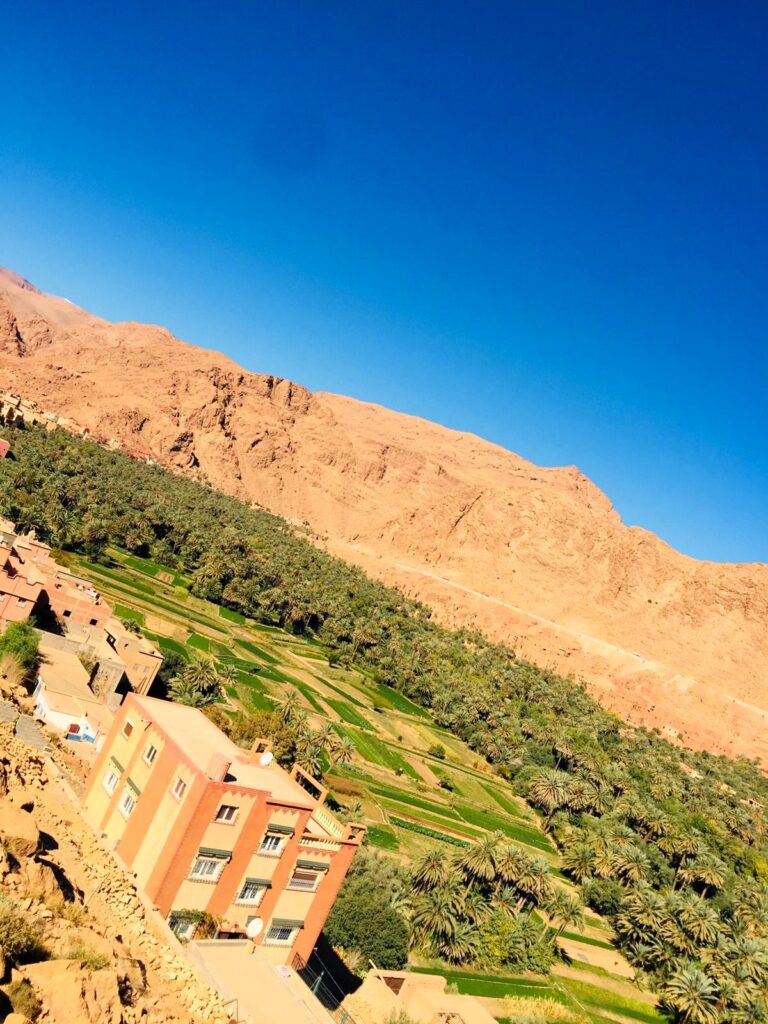 Date palm oasis and earthen village in southern Morocco