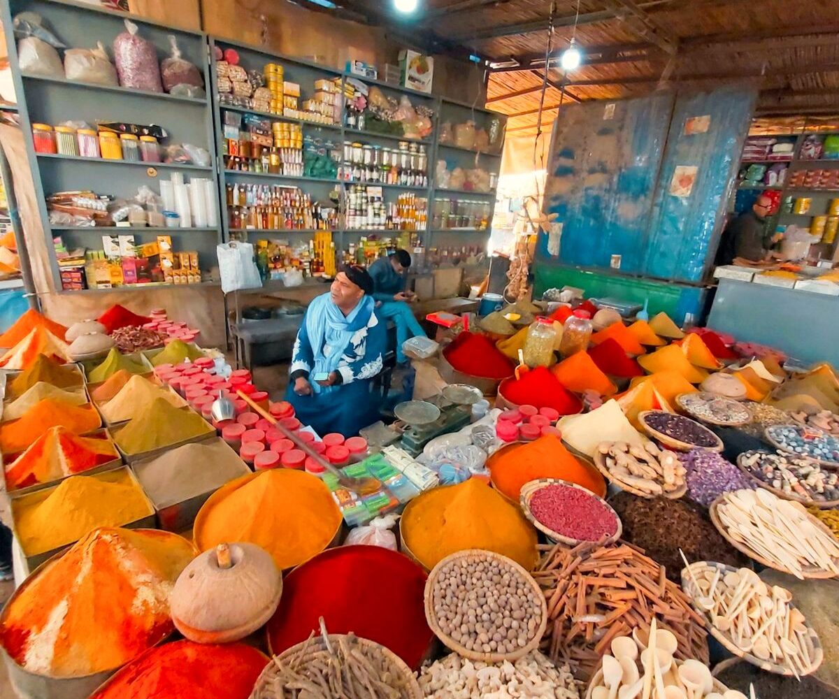 Colourful spice stall in the souks of the Marrakech medina