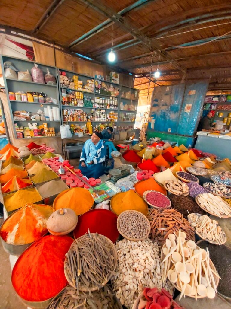 Colourful spice stall in the souks of the Marrakech medina