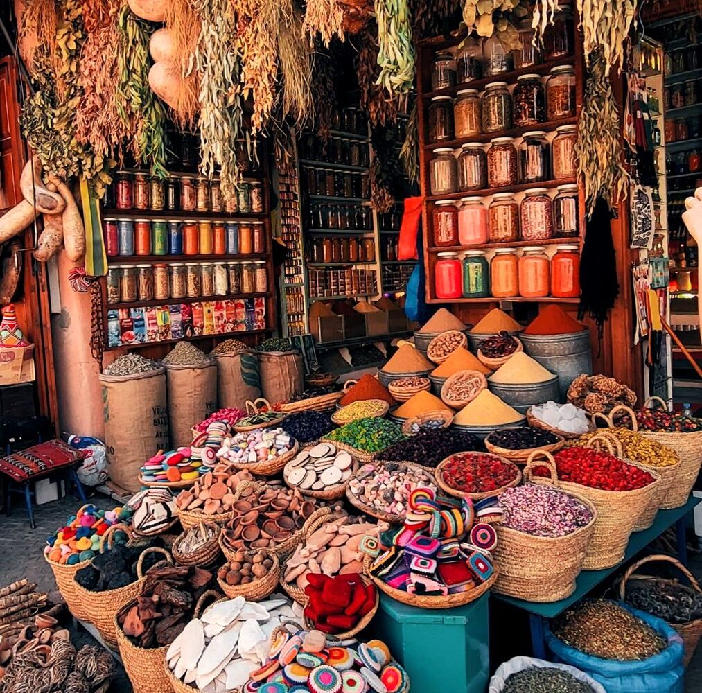 Colourful spice stall in the souks of the Marrakech medina