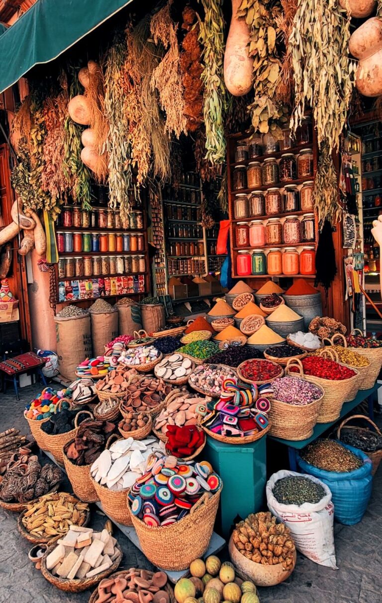 Colourful spice stall in the souks of the Marrakech medina