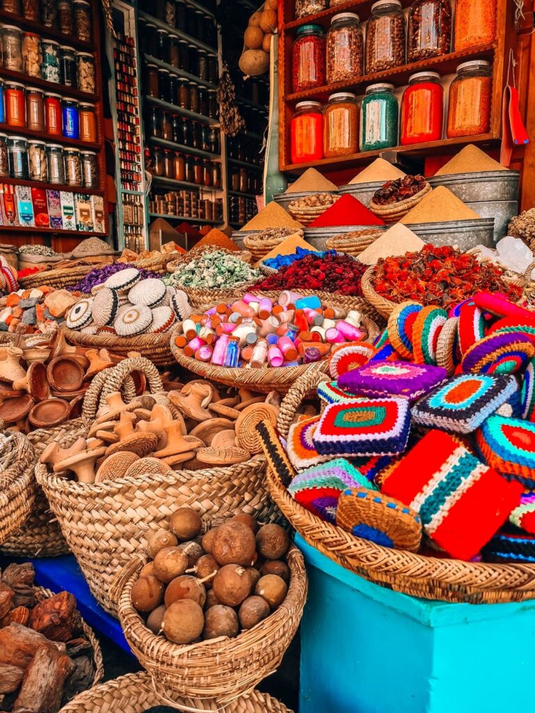 Colourful spice stall in the souks of the Marrakech medina