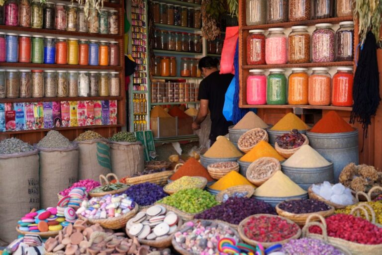 Colourful spice stall in the souks of the Marrakech medina