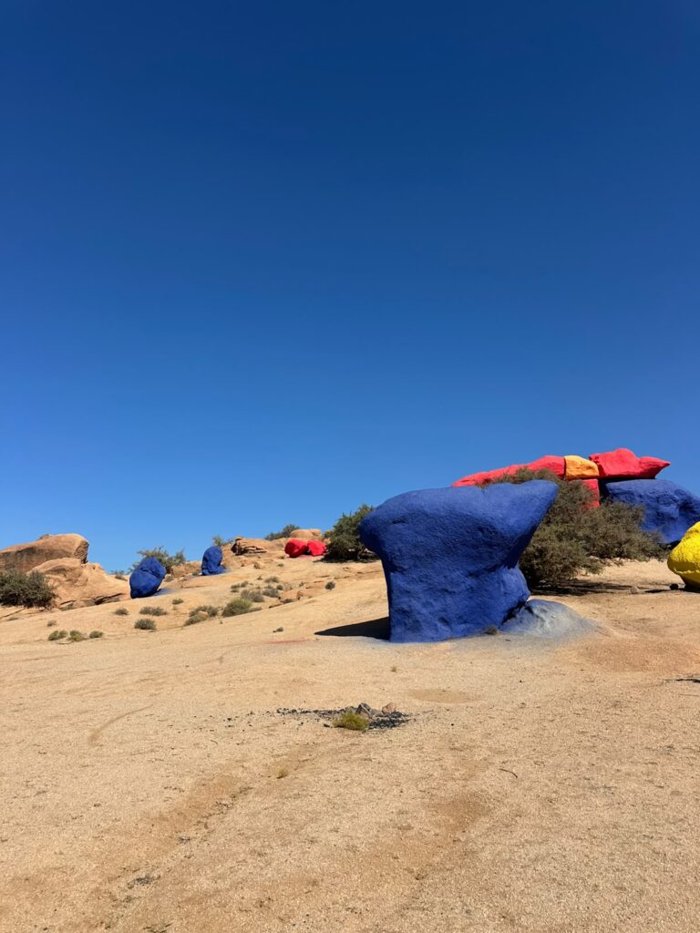 Blue and red painted boulders in the Anti-Atlas near Tafraoute