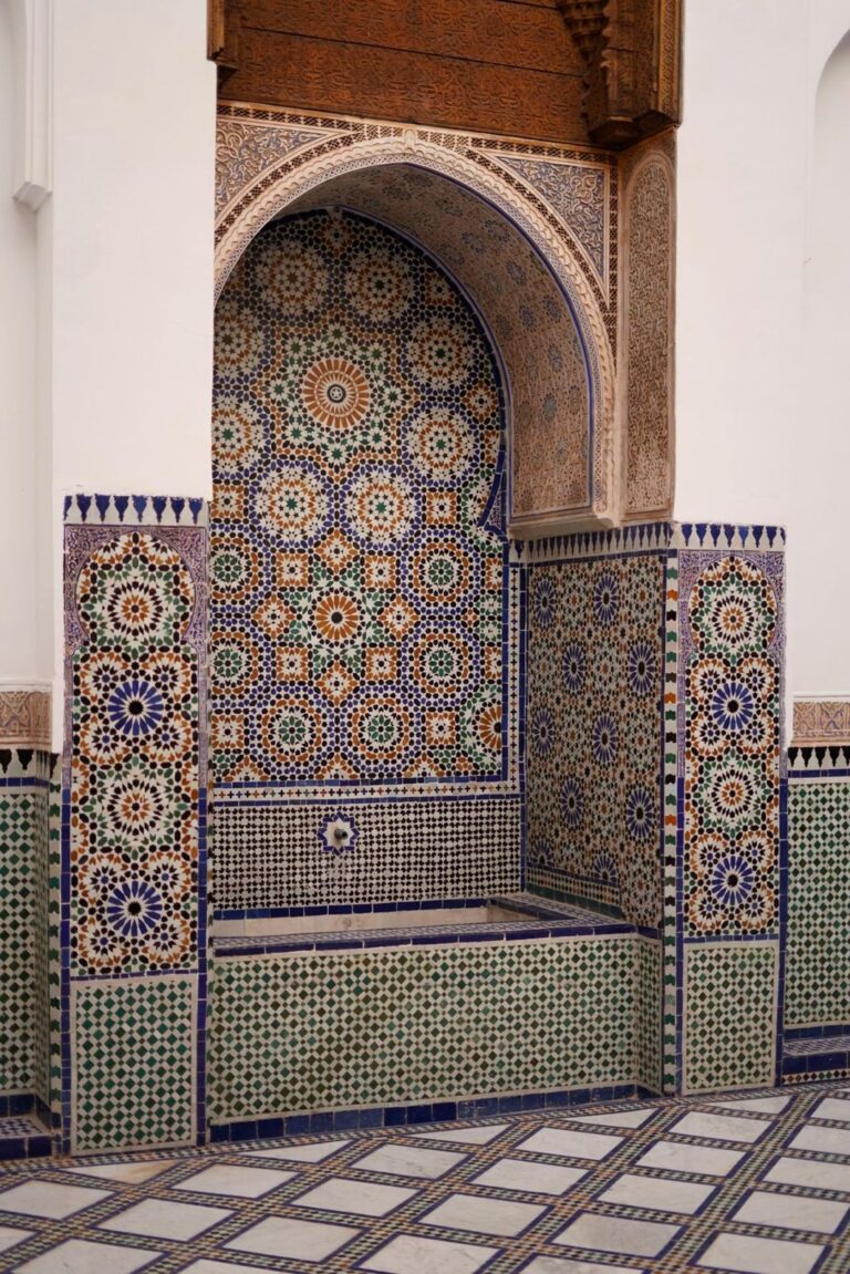 Zellige tile fountain in a historic courtyard, Marrakech
